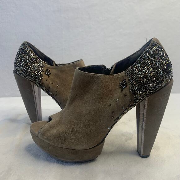 Sam Edelman Womens Sz 8 Taupe Suede Peep Toe Ankle Booties Beaded Heels Boots - Picture 8 of 9